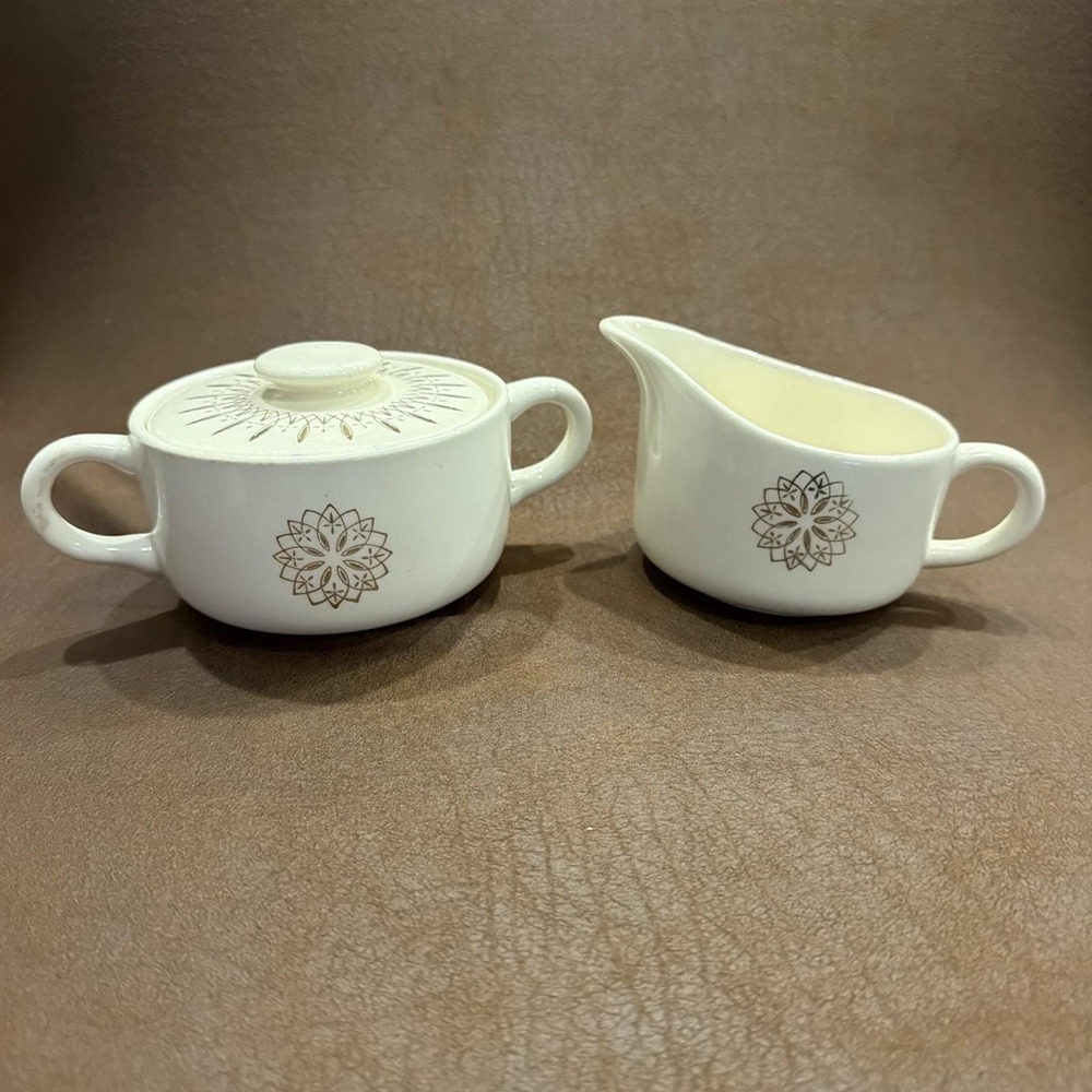 Vintage Scio Pottery Starlite Creamer & Covered Sugar Bowl Gold MCM